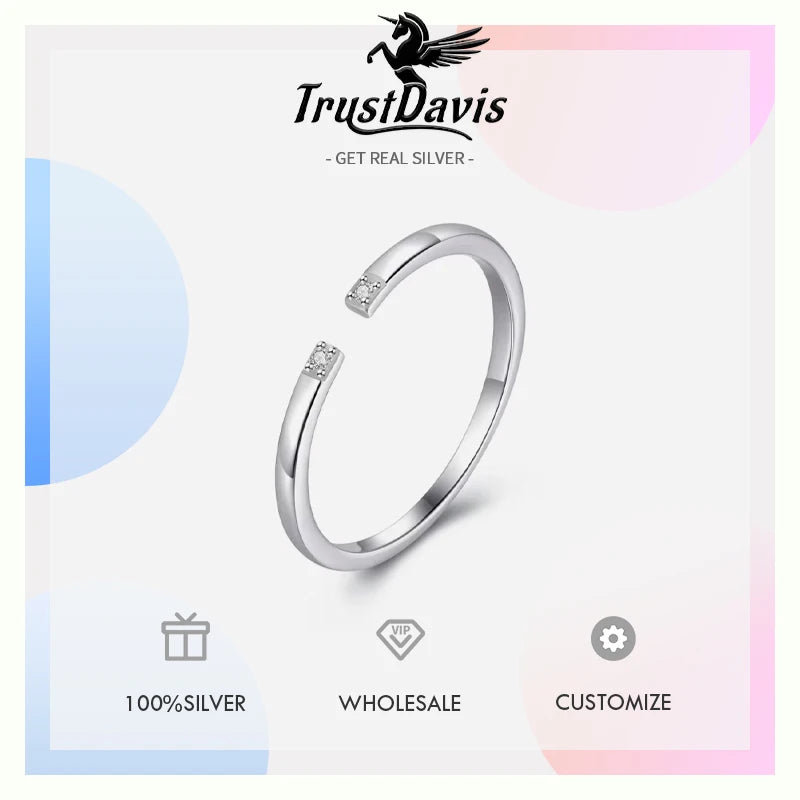 TrustDavis Real 925 Sterling Silver Sweet Minimalist Geometric CZ Opening Rings For Women Wedding Party Fine S925 Jewelry DA1549