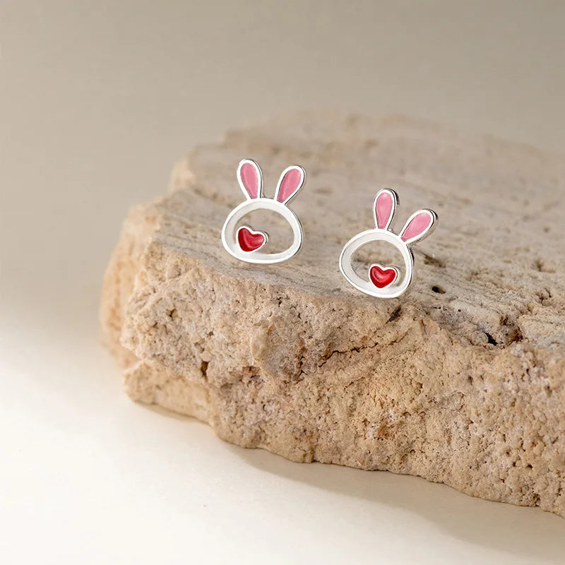 TrustDavis Real 925 Sterling Silver Kids Earring New Cute Heart Rabbit Stud Earrings For Daughter Girls Fine Jewelry Gift DG0193