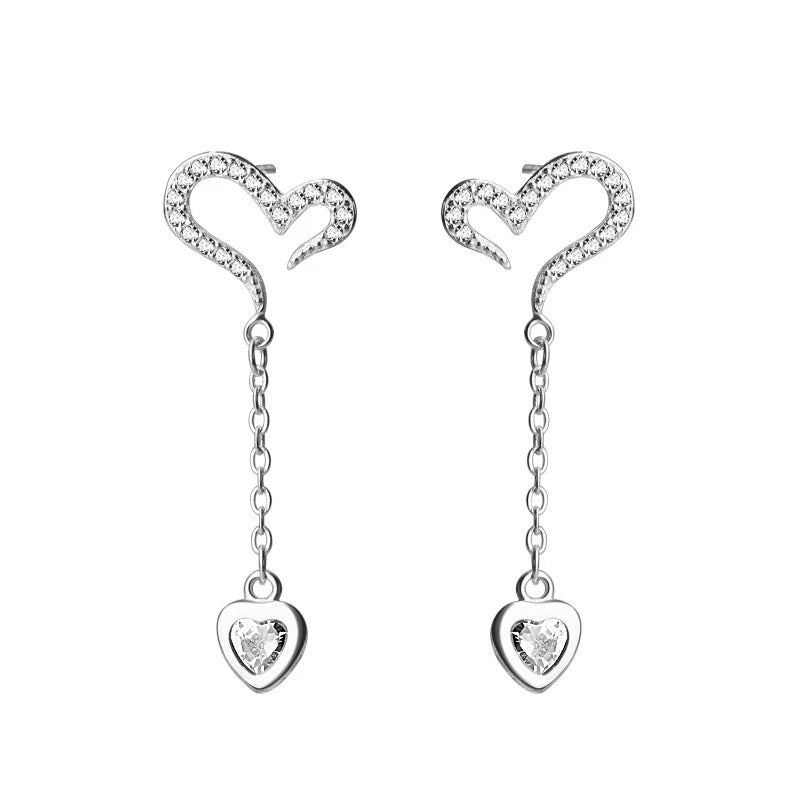 TrustDavis 925 Sterling Silver Women's Fashion Heart-shaped Asymmetric Zircon Drop Earrings for Women Girls Jewelry Gift DS4346