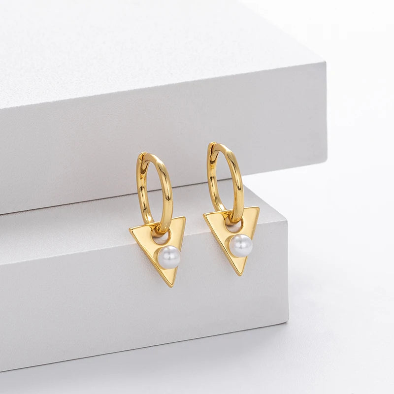 TrustDavis 925 Sterling Silver Women's Fashion Sweet Geometric Triangle Pearl Hoop Earrings for Women Girls Jewelry Gift DS4325
