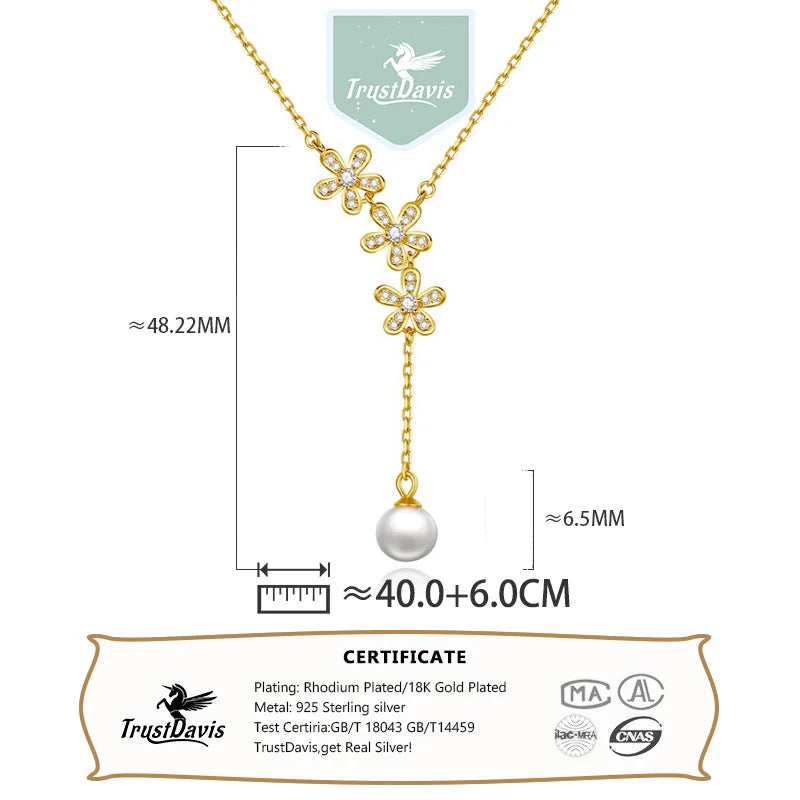 TrustDavis 925 Sterling Silver Women's Necklace Fashion Simple Flower Pearl Necklace for Women Girls Jewelry Gift DS4450