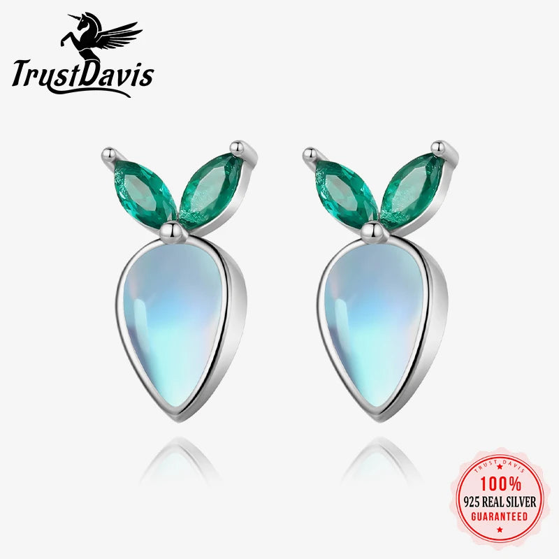 TrustDavis Real 925 Sterling Silver Fashion Moonstone Radish Firefly Stud Earrings for Daughter Girls Fine Jewelry Gift DZ1707