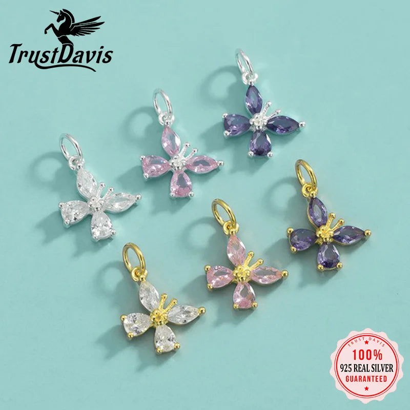 TrustDavis Real 925 Sterling Silver Sweet Zircon Butterfly Charm Pendant Handmade DIY Accessories Fine Jewelry Wholesale DZ1716