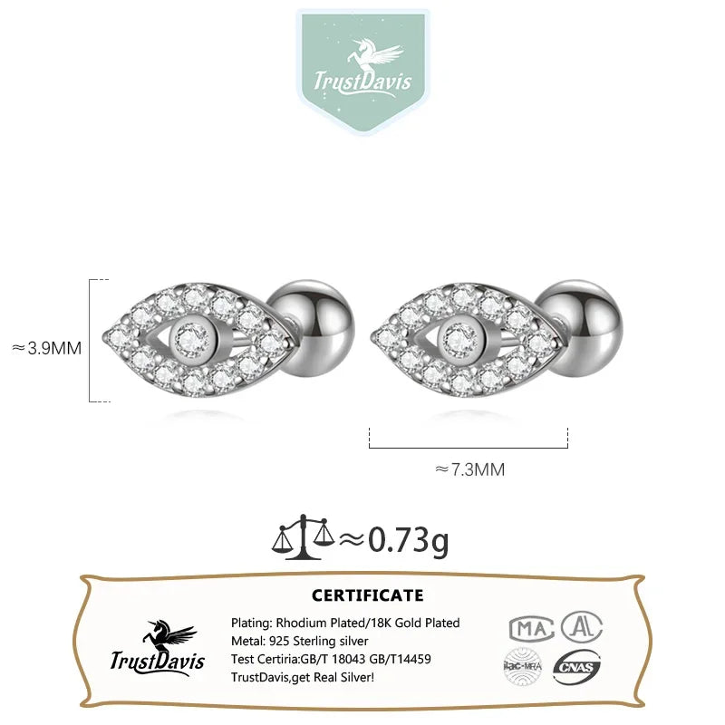 TrustDavis Girls 925 Sterling Silver Wise Eyes CZ Screw Safe Stud Earrings for Daughter Children Birthday Gift Jewelry DS4152