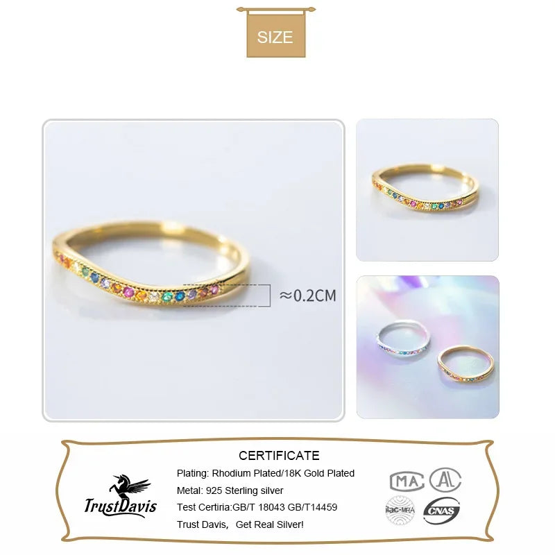 TrustDavis Real 925 Sterling Silver Ring Jewelry Colorful Zircon Wave Finger Ring For Women Wedding Birthday Party Gift DA2676