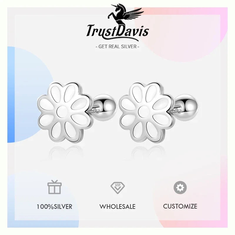 TrustDavis Real 925 Sterling Silver Casual Glaze Flower Screw Stud Earrings For Women Wedding Valentine's Day Jewelry DS4591