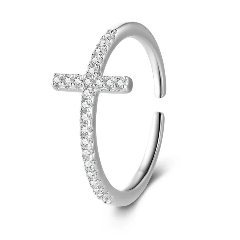 925 Sterling Silver Cross Zircon Open Ring DS4138