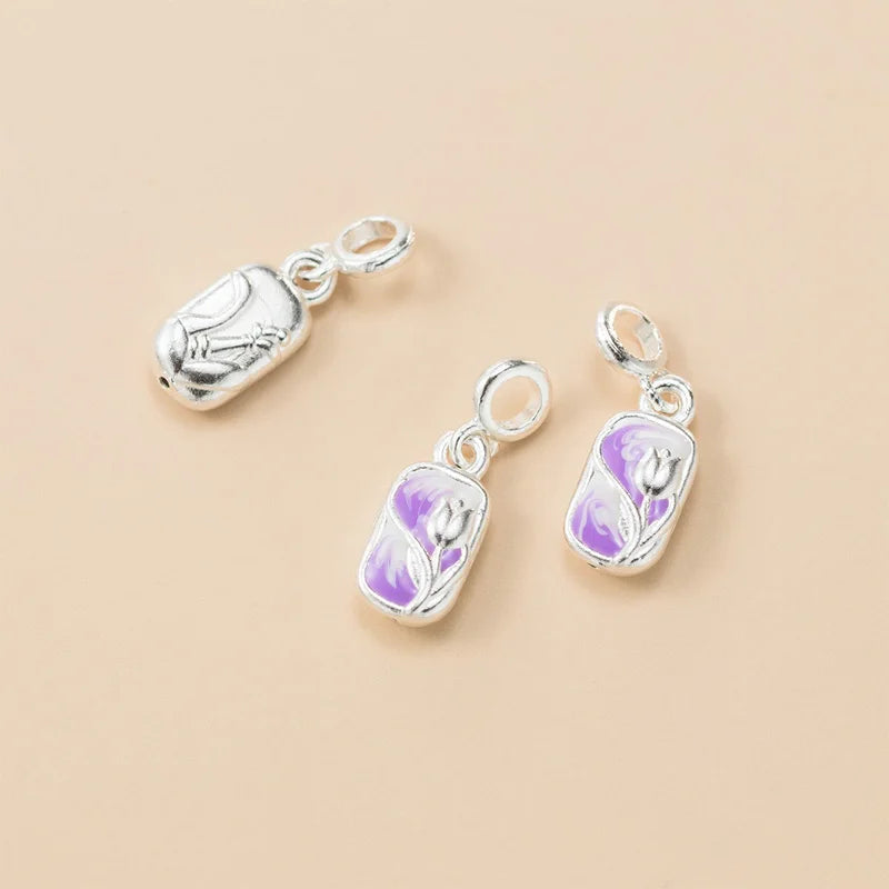 TrustDavis 925 Sterling Silver Fashion Classic Cute Square Tulip Pendant DIY Necklace Bracelet Accessories Fine Jewelry DZ1843