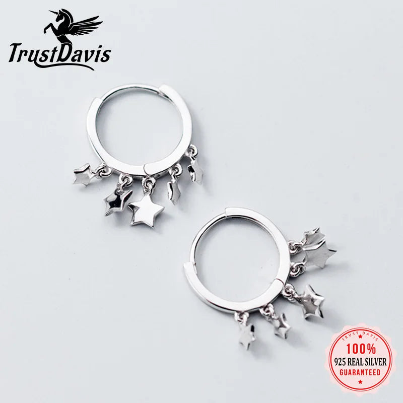 TrustDavis Original 925 Silver Earrings Star Tassel Charm Hoop Earring For Women Wedding 925 Sterling Silver Jewelry Gift DS1104
