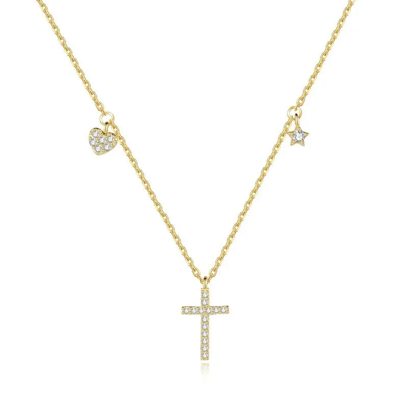 Dazzling CZ Cross Heart Star Pendant Short Necklace DS2485