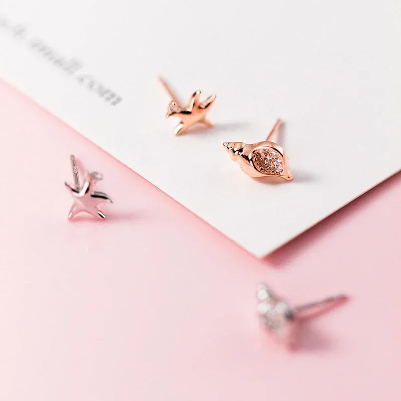TrustDavis Genuine 925 Sterling Silver Asymmetric Conch Starfish CZ Stud Earrings For Fashion Woman Party Fine Jewelry DA1219