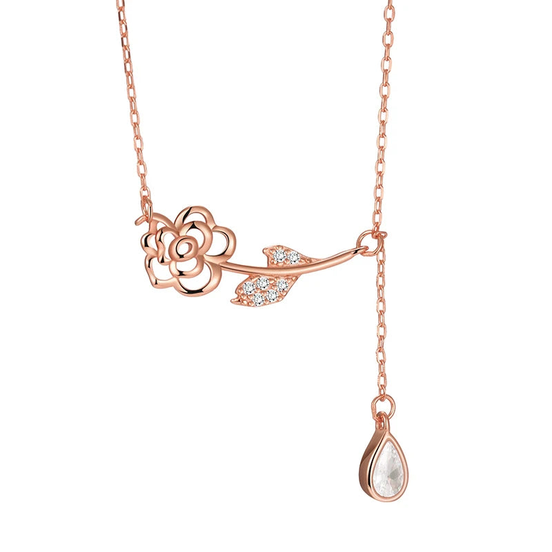 TrustDavis 925 Sterling Silver Women's Fashion Simple Rose Zircon Tassel Necklace for Women Girls Jewelry Gift DS4275