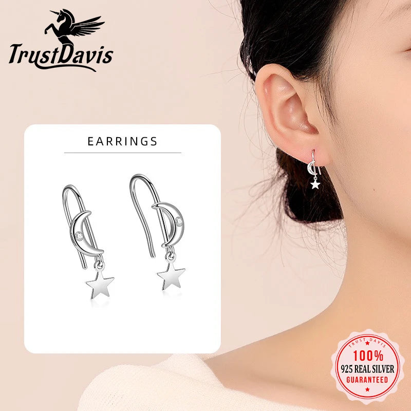 TrustDavis 925 Sterling Silver Women's Fashion Simple Star and Moon Tassel Earrings for Women Girls Jewelry Gift DS4267