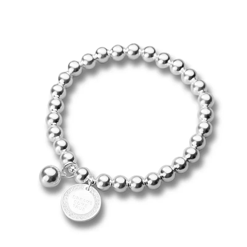 TrustDavis Real 925 Sterling Silver Fashion Sweet 6cm Beads Chain Coin CZ Bracelet Elastic For Women Mother's Day Jewelry DA2057