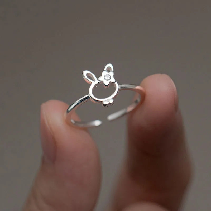 Openwork Rabbit Zircon Silver Ring DS4905