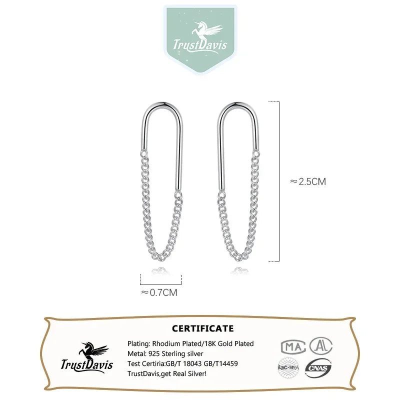 TrustDavis Genuine 925 Sterling Silver Fashion Ellipse Chain Charm Stud Earrings For Women Wedding Valentine's Day Jewelry DB016