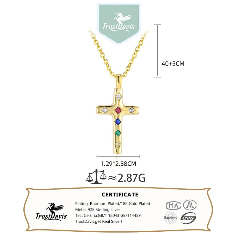TrustDavis Real 925 Sterling Silver Fashion Colorful Zircon Cross Necklace for Women Girl Birthday Gift Fine Jewelry DS4668