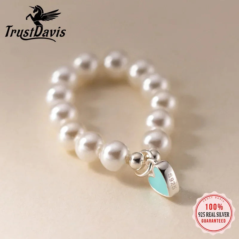 TrustDavis 925 Sterling Silver heart Synthesis pearl Opening Rings For Women Romantic Style Fine 925 Wholesale Jewelry DS3570