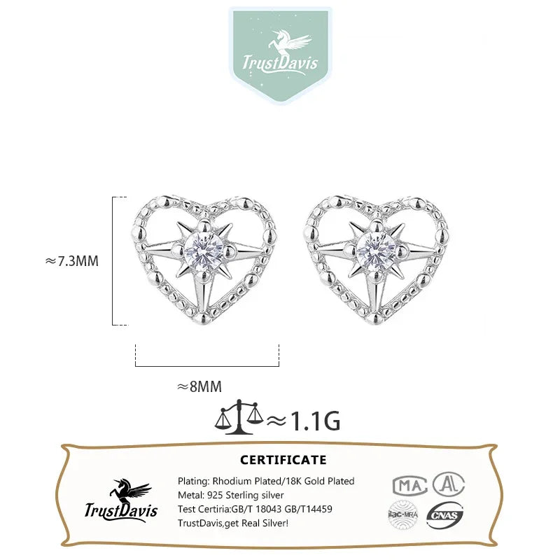 Real 925 Sterling Silver Heart Zircon Stud Earrings DS4022