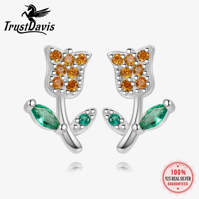 TrustDavis Real 925 Sterling Silver Sweet Light Luxury Rose Stud Earrings for Women Children Baby Minimalist Jewelry DA3233