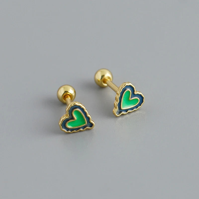 TrustDavis 925 Sterling Silver Women's Fashion Simple Epoxy Heart Screw Earrings for Women Girls Jewelry Gift DS4328