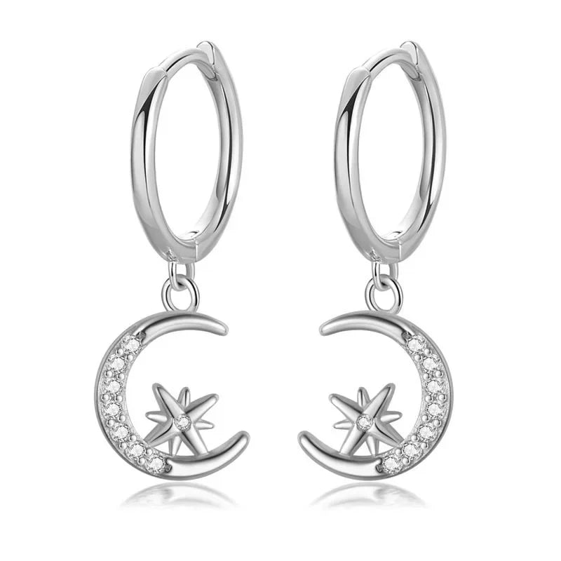 Real 925 Sterling Silve Fashion Asymmetric Star Moon Pendant Hoop Earrings DA2646