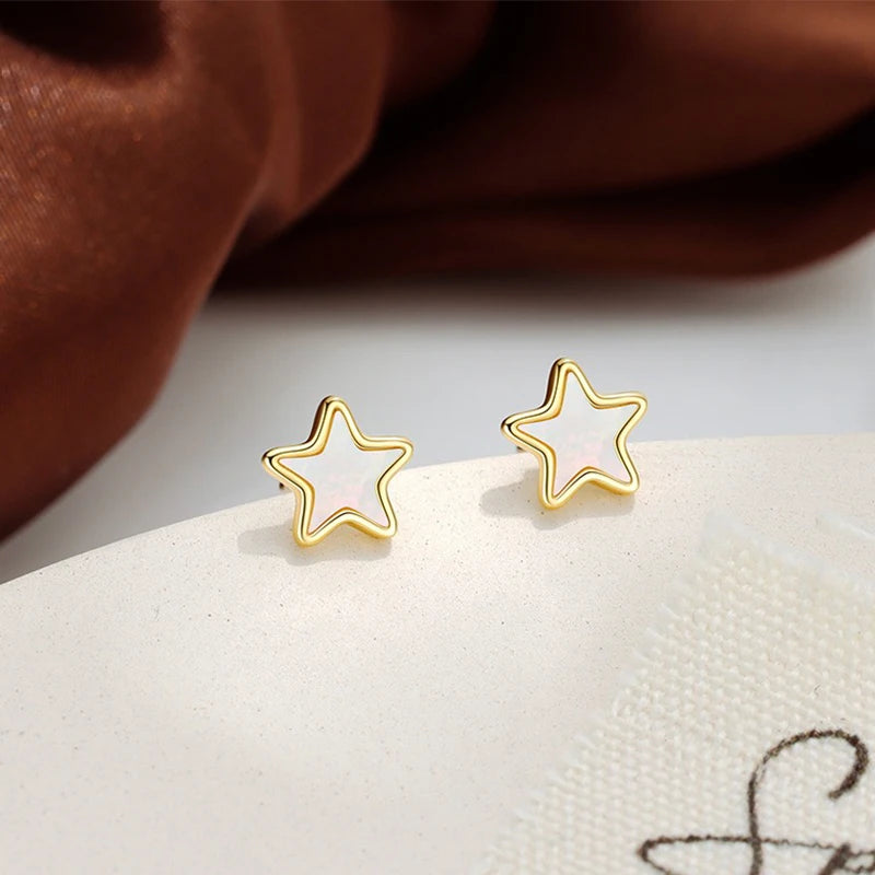 TrustDavis 925 Sterling Silver Women's Fashion Simple White Mother-of-pearl Star Earrings for Women Girls Jewelry Gift DS4664