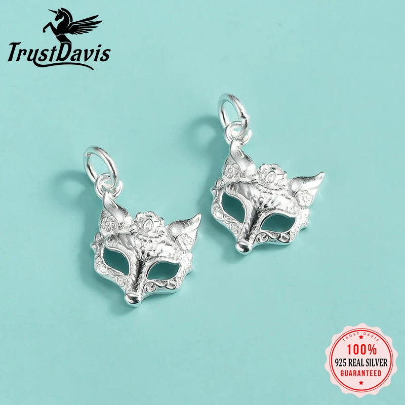 TrustDavis Real 925 Sterling Silver Personality Fine Cute Fox Mask Charm Pendant Handmade DIY Accessories Jewelry DZ1814