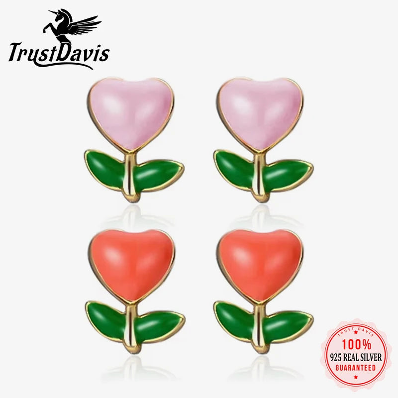 TrustDavis Real 999 Sterling Silver Cute Heart Flower Stud Earrings for Women Young Daughter Birthday Party Gift DS4649