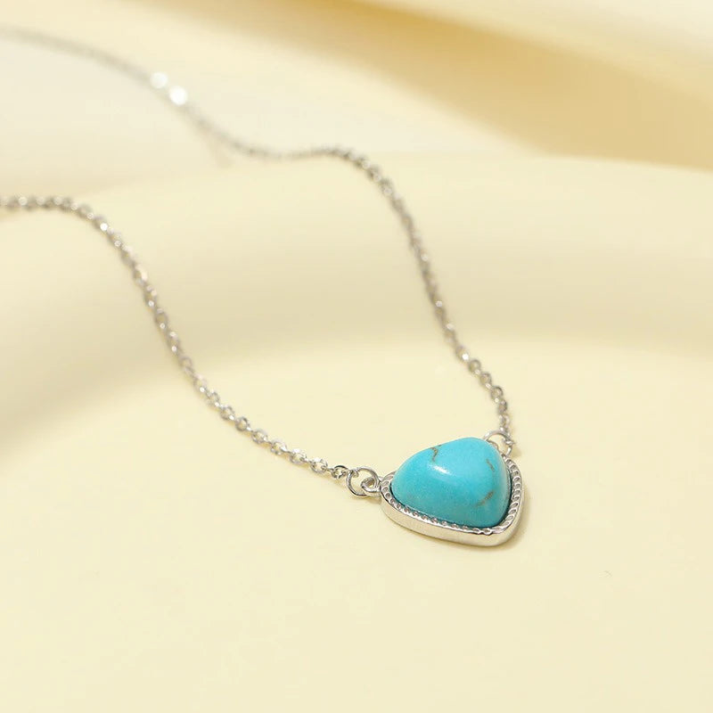 TrustDavis 925 Sterling Silver Women's Fashion Simple Turquoise Heart Pendant Necklace for Women Girls Jewelry Gift DS4427