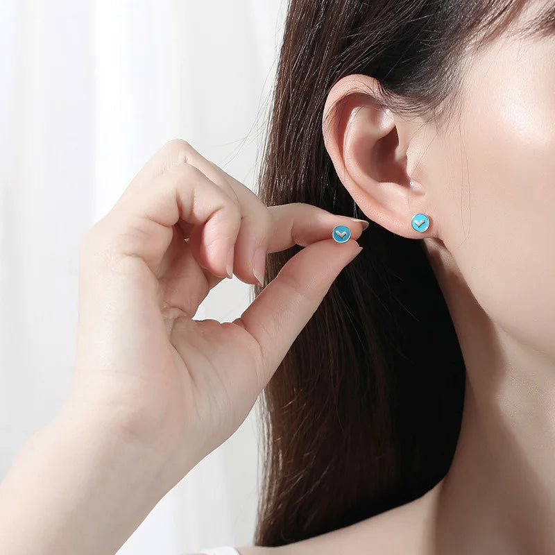 TrustDavis 925 Sterling Silver Women's Earrings Fashion Simple Round Blue Heart Earrings for Women Girls Jewelry Gift DS4359