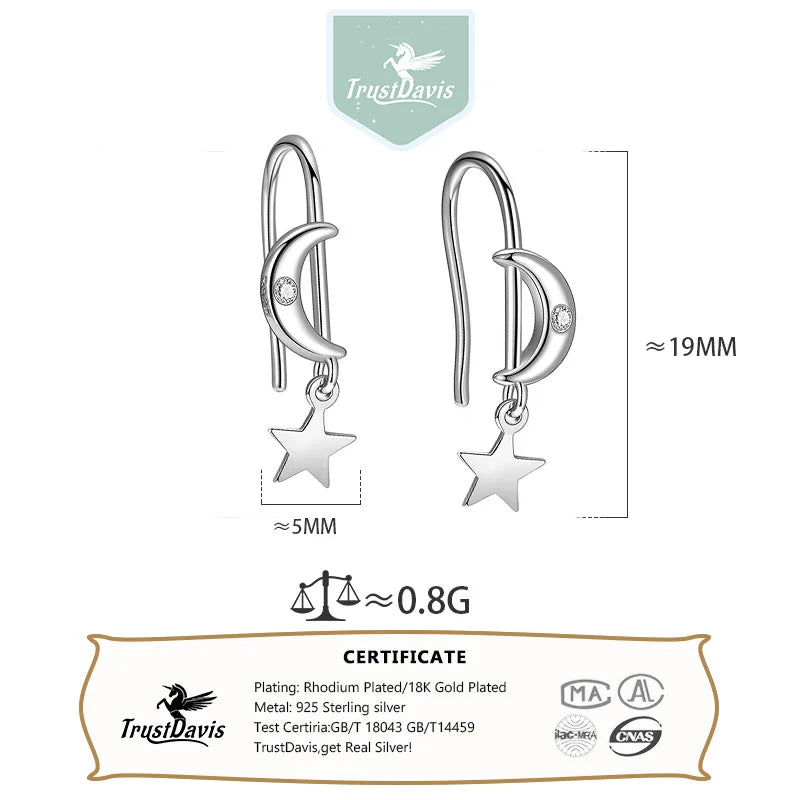 TrustDavis 925 Sterling Silver Women's Fashion Simple Star and Moon Tassel Earrings for Women Girls Jewelry Gift DS4267