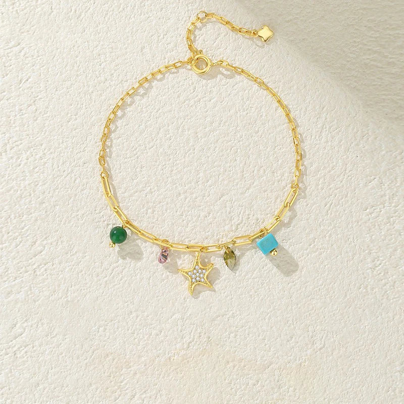 TrustDavis 925 Sterling Silver Women's Fashion Simple Starfish Zircon Turquoise Bracelet for Women Girls Jewelry Gift DS4439