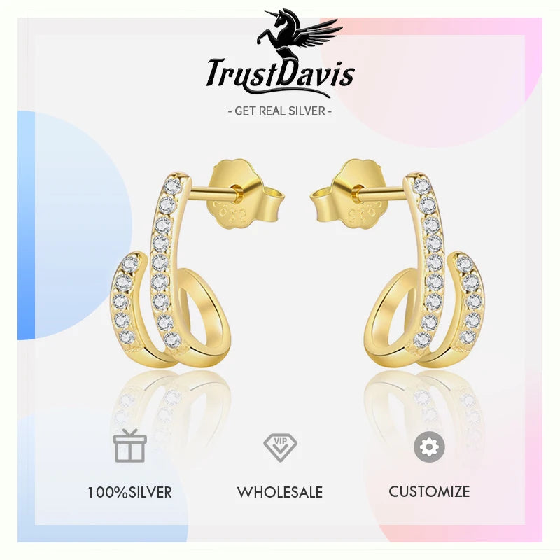 TrustDavis Real 925 Sterling Silver Women's Fashion Stud Earrings Circle Gold Zirconia Earrings for Women Gift Jewelry DS4467