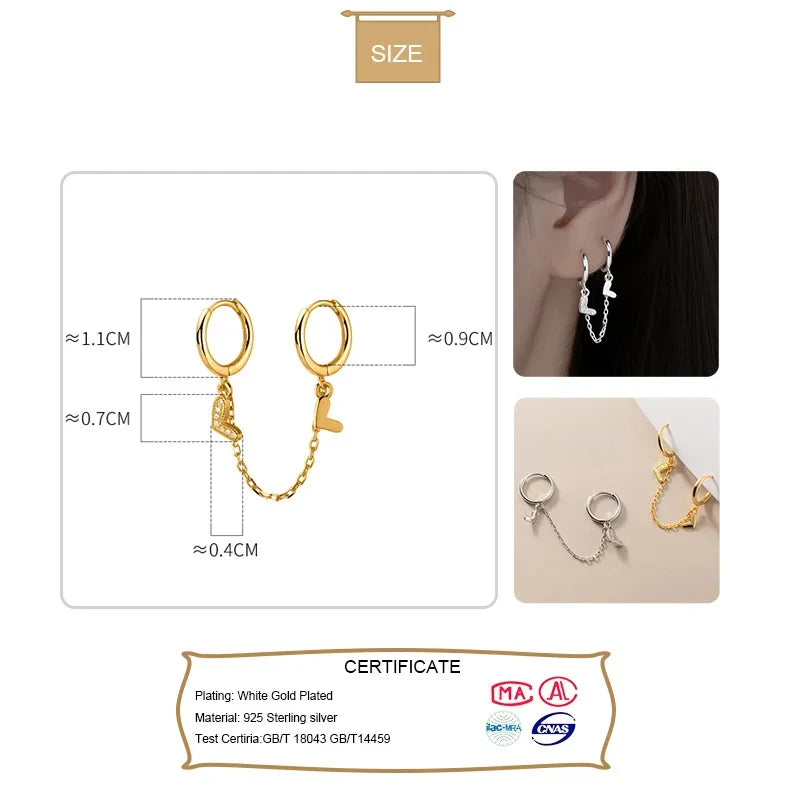 TrustDavis 1Pcs Real 925 Sterling Silver Fashion Heart Chain Double Hoop Earrings For Women Wedding Party Fine Jewelry DA2287