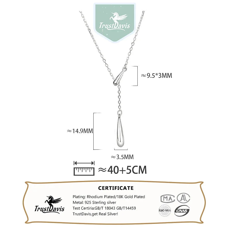 TrustDavis 925 Sterling Silver Women's Fashion Tassel Water Drop Y Adjustable Necklace for Women Girls Jewelry Gift DS4313
