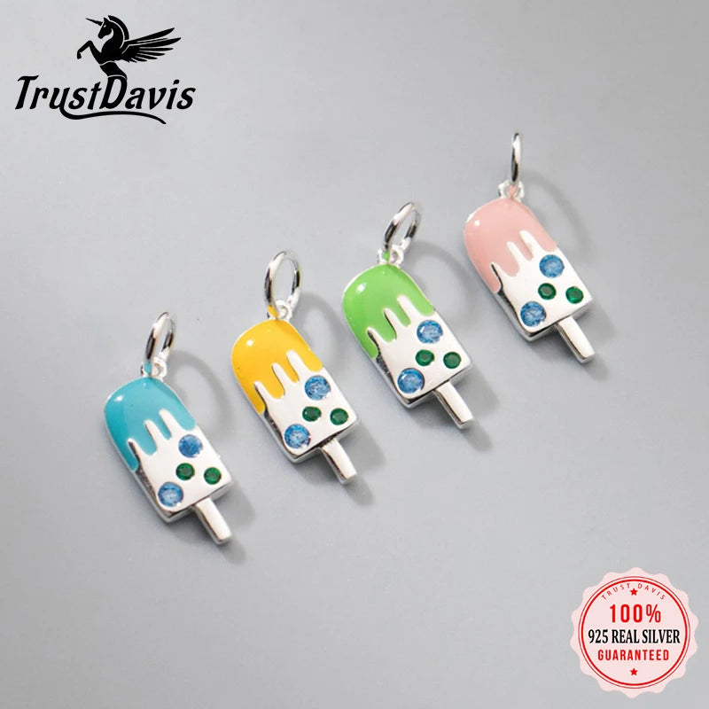 TrustDavis Real 925 Sterling Silver Fashion Colorful Ice Cream Charm Pendant Handmade DIY Accessories Jewelry Wholesale DZ1744