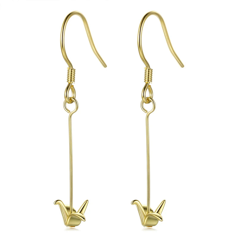 925 Sterling Silver Lovely Paper Crane Sweet Long Dangle Earrings DT53