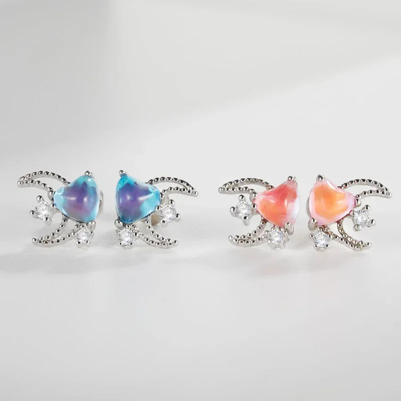 TrustDavis Genuine 925 Sterling Silver Sweet Moon Heart CZ Screw Stud Earrings for Daughter Children Birthday Jewelry DS4151