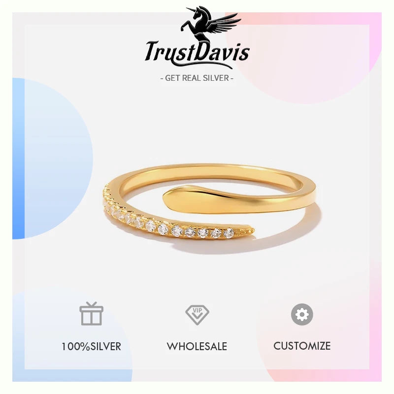TrustDavis Real 925 Sterling Silver Ring Fashion Simple Snake-shaped Zircon Adjustable Ring for Women Girl Jewelry Gift DS4656