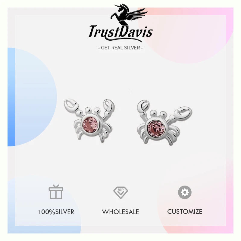 Trustdavis Girls Real 925 Sterling Silver Cute Animal Crab Stud Earrings for Girls Daughter Birthday Party Gift Jewelry DS4196