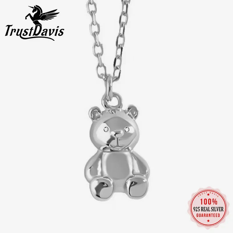 TrustDavis Minimalist S925 Sterling Silver Pendant Necklace For Women Cute Cartoon Bear Neck Chain 925 Necklace Jewelry H00261