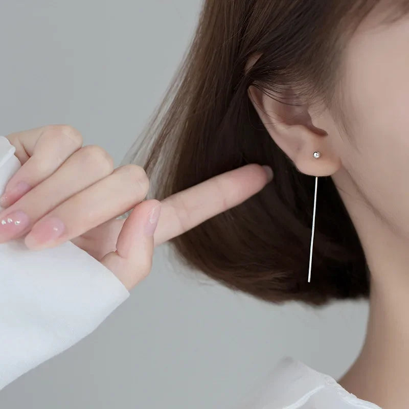 Trusta minimalist 925 Sterling Silver Stud Earring Little Bead Linked 4cm Stick For Women Creative Fashion Silver Jewelry DA866