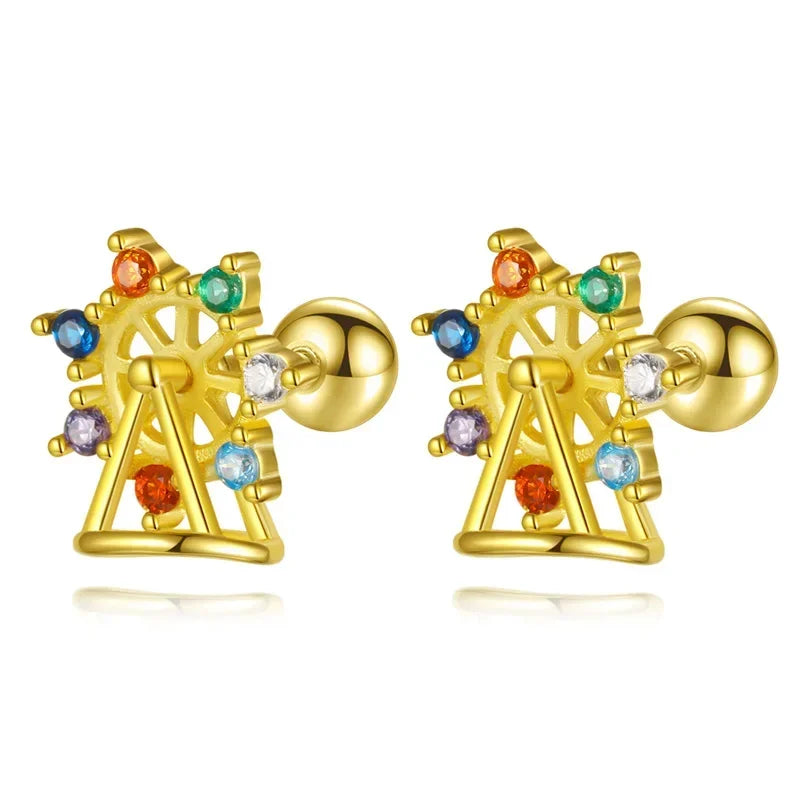 TrustDavis Girls 925 Sterling Silver Ferris Wheel Bead Screw Stud Earrings for Daughter Children Birthday Gift Jewelry DS4167