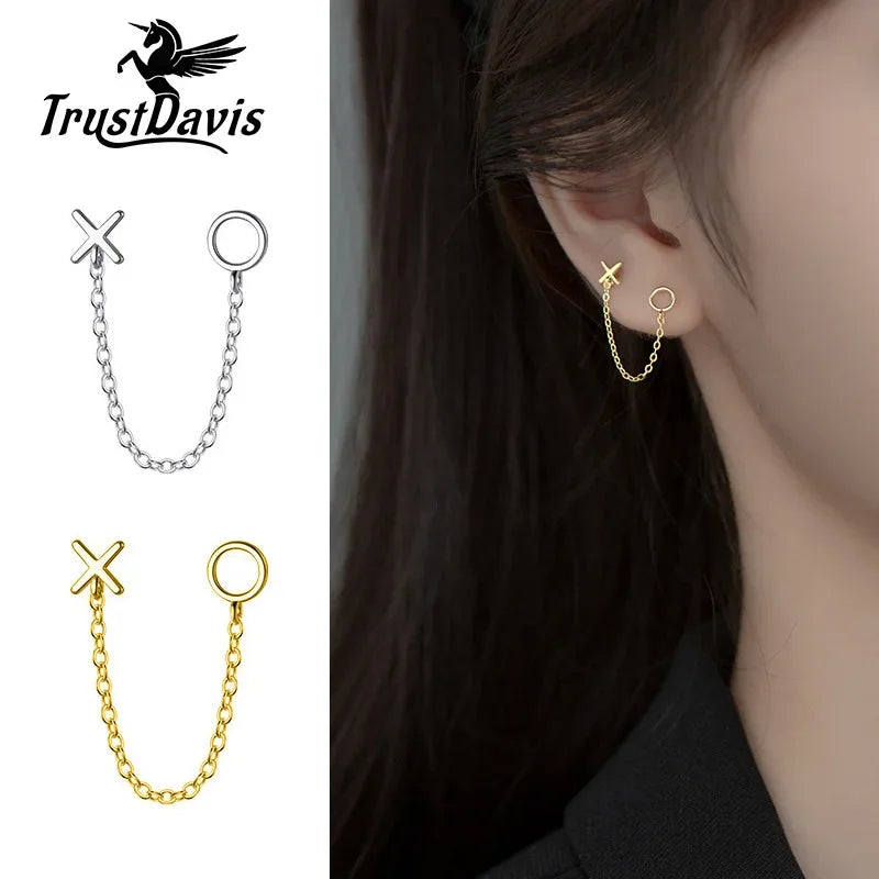 TrustDavis Real 925 Sterling Silver Fashion Sweet XO Chain Charm Stud Earrings For Women Wedding Party Fine S925 Jewelry DA2304