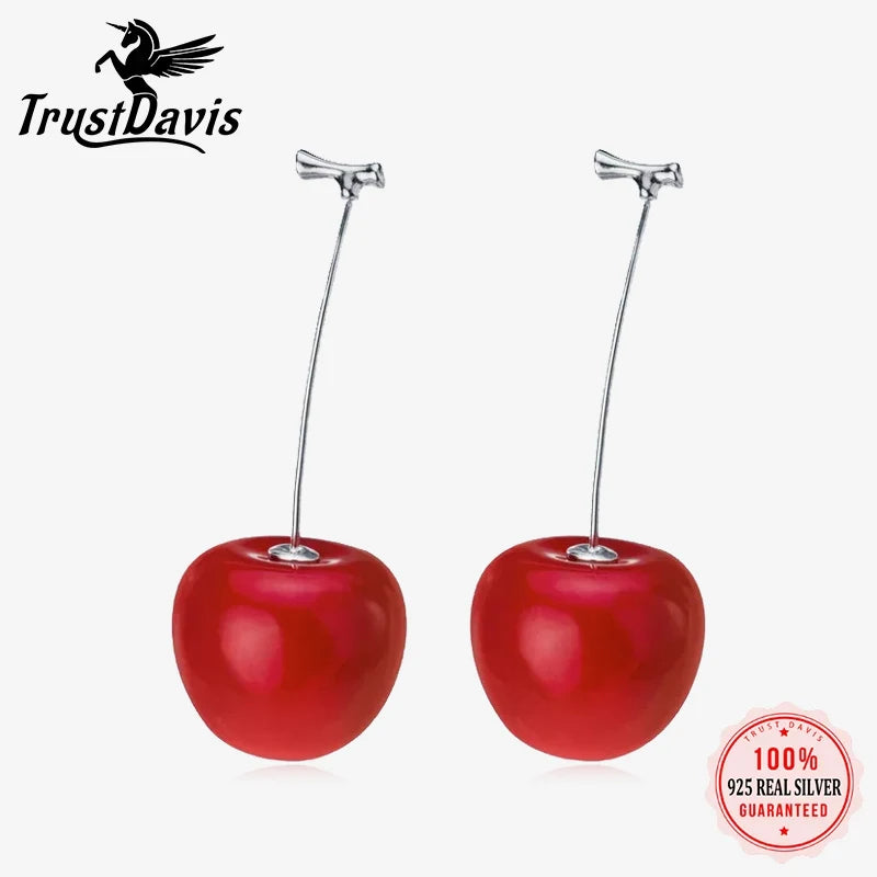 TrustDavis Fashion Genuine 925 Sterling Silver Charms Fine Fruit Cherry Stud Earrings For Women Silver 925 Earring Jewelry DA163