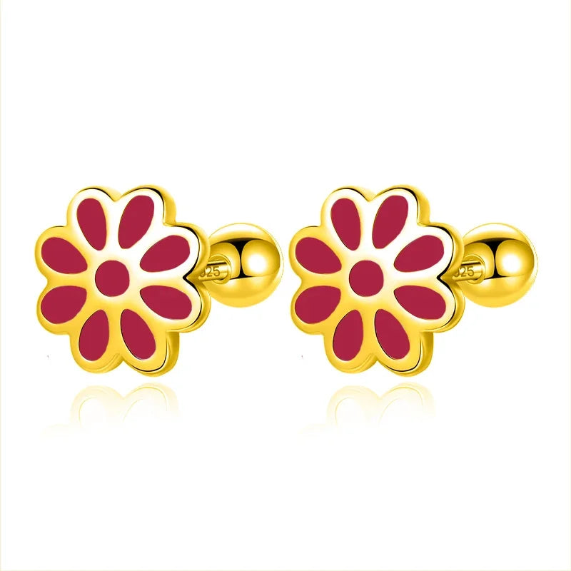 TrustDavis Real 925 Sterling Silver Casual Glaze Flower Screw Stud Earrings For Women Wedding Valentine's Day Jewelry DS4591