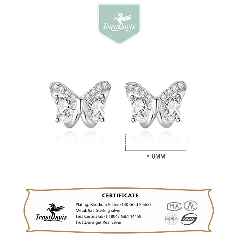 TrustDavis Real 925 Sterling Silver Sweet Heart Studded Diamond Bow Stud Earrings for Women Girls Birthday Gift Jewelry DA1637