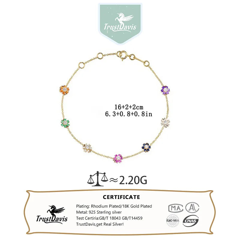 TrustDavis 925 Sterling Silver Women's Fashion Simple Colorful Flower Zircon Bracelet for Women Girls Jewelry Gift DS4451