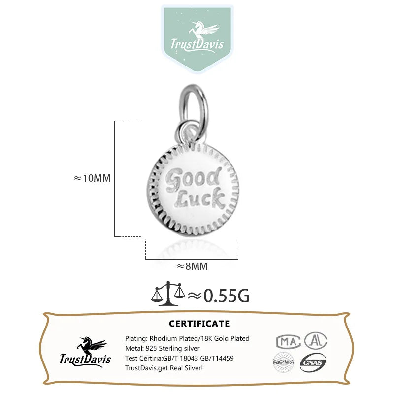 TrustDavis Real 925 Sterling Silver Fashion Lucky Round Card Charm Pendant Handmade DIY Accessories Fine Jewelry Wholesale HY043